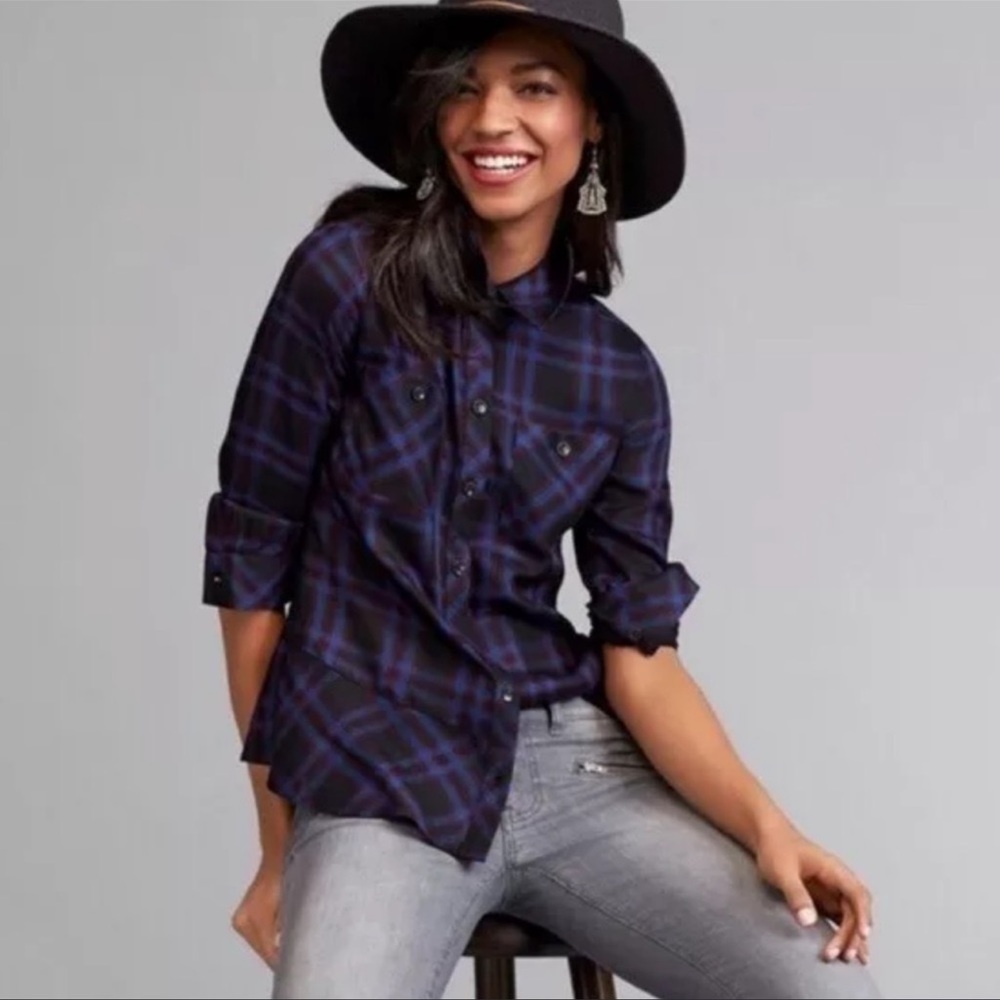 CAbi 3431 moody plaid peplum button down shirt flannel